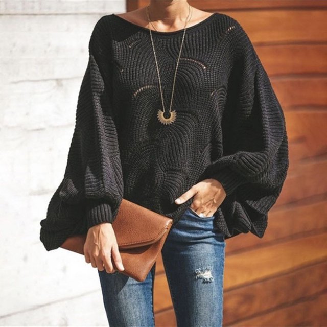 Tralilbee Nouveau Chandail de Mode Polyvalent Grande Taille à Col Rond Ample Décontracté avec Trous Manches Lanterne Chandail Tricoté Chandail pour Femme