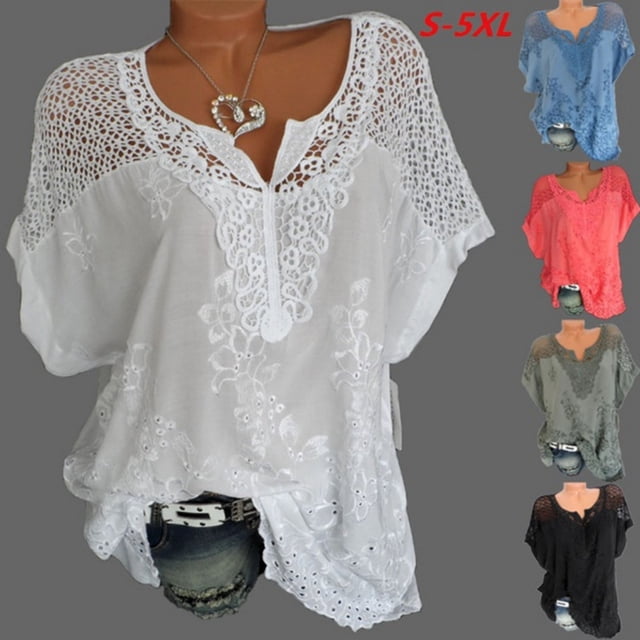 Mode d'Été Femmes en Vrac Mesh Patchwork Tee-Shirt Décontracté Manches Courtes V Cou Chemises Tops