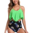 thumbnail image 1 of Women High Waisted Bikini Ruffle Swimsuit Flounce Pom Pom Trim Two Piece Bathing Suit Fluorescent Green (S, 1 of 6