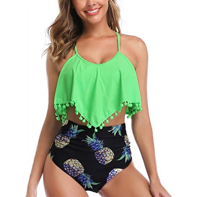 Women High Waisted Bikini Ruffle Swimsuit Flounce Pom Pom Trim Two Piece Bathing Suit Fluorescent Green (S