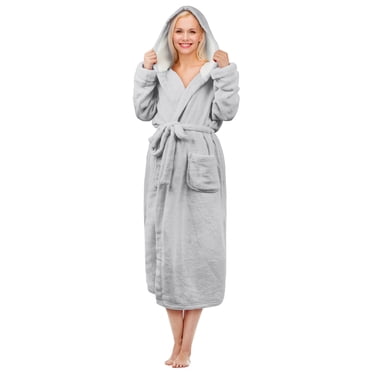 Hooded Sherpa Robe Long Plush Fuzzy Bathrobe for Women with Hood Sherpa Lined Grey