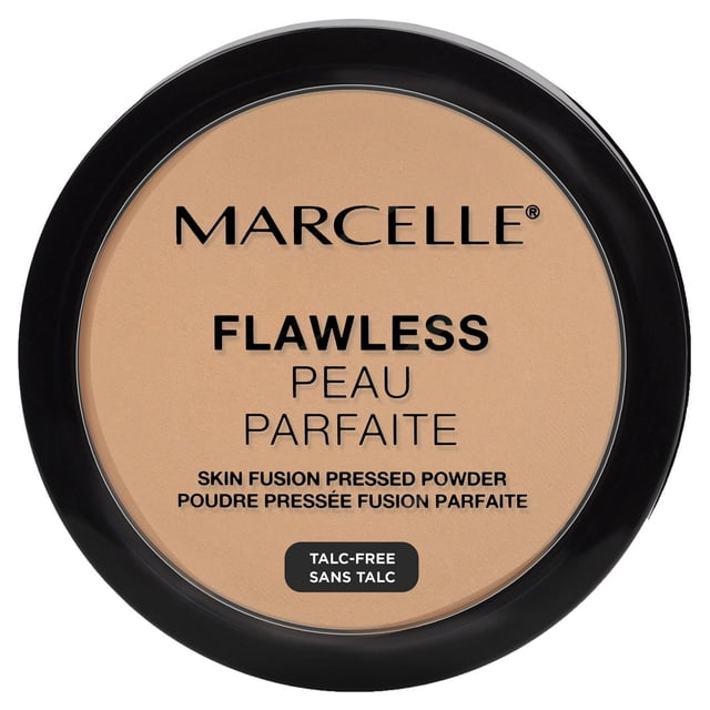 Marcelle Flawless Pressed Powder in a round black compact with transparent lid showing beige powder, talc-free formula designed for setting makeup, mattifying skin, and evening complexion with a natural finish.