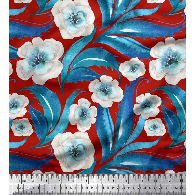 Soimoi Tissu Crêpe polyester Rouge Feuilles & Anémone Imprimé Floral Tissu d'Artisanat au Mètre 52 Pouces de Large