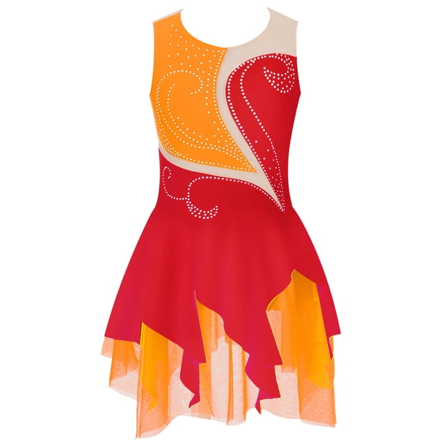 Jhaoyu Robe de Patinage à Glace Sans Manches pour Filles avec Strass Scintillants Robe de Danse Rouge 12