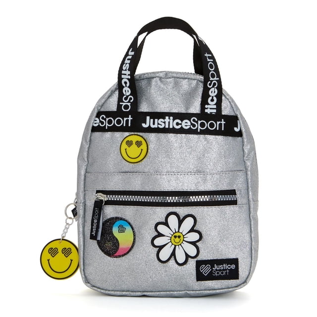 Justice™ Sport Double Handle Mini Backpack centered, front-facing grey child backpack with double top handles and top zipper closure, front slip pocket plus zip pocket and three decorative patches; often used as a school or activity bag.