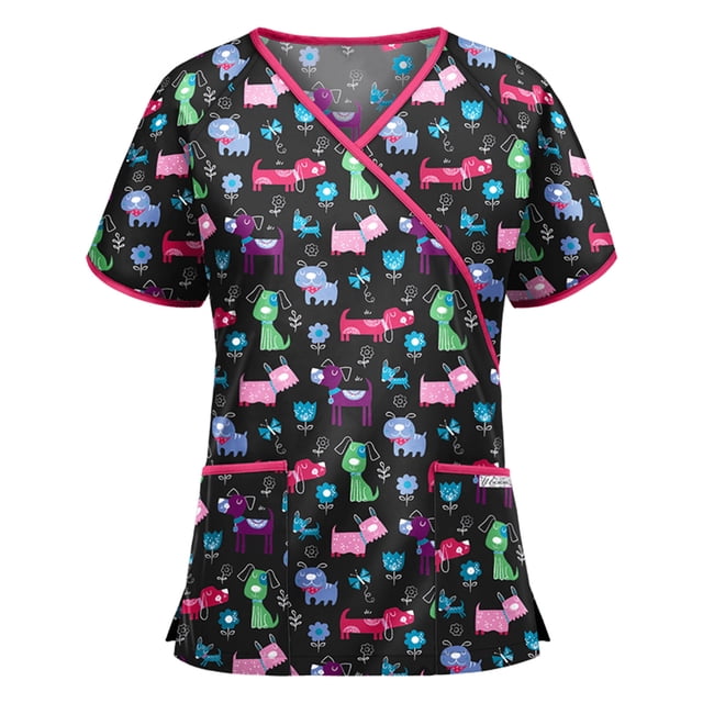 Heliisoer Short Women Sleeve V-neck Tops Working Uniform Cartoon Print Blouse