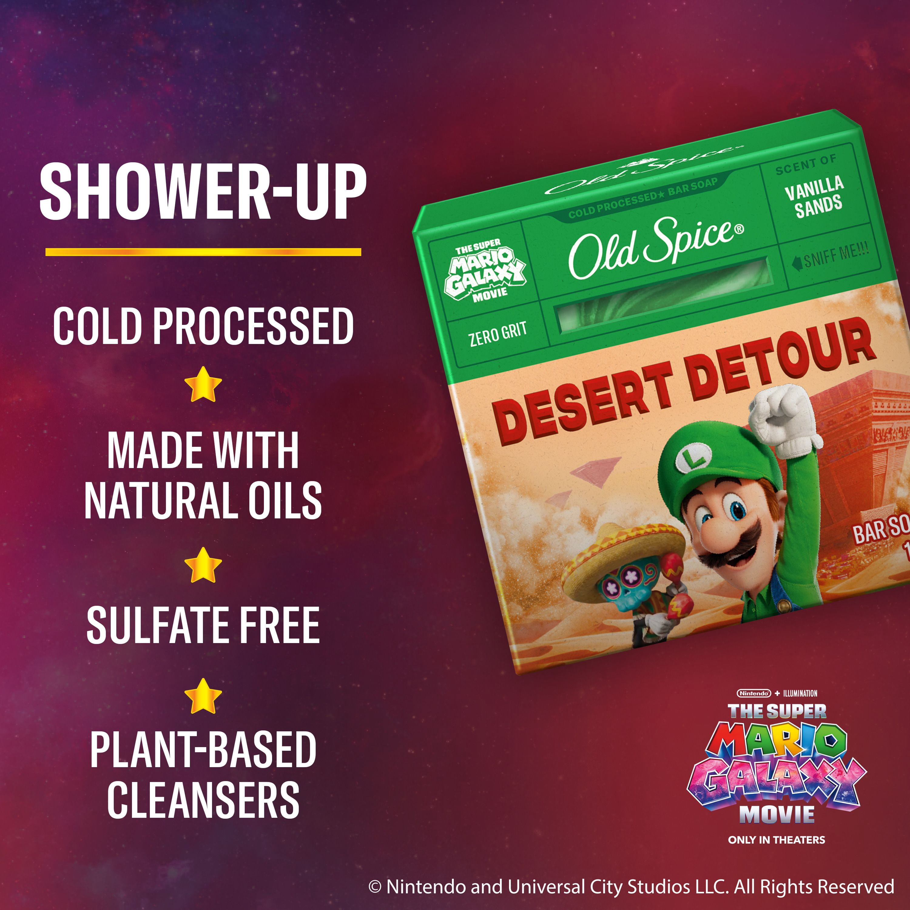 Pain de savon Old Spice saponifié à froid pour hommes, Détour du désert, parfum de vanille des sables, Old Spice x The Super Mario Galaxy Movie, aucun granule, 141 g