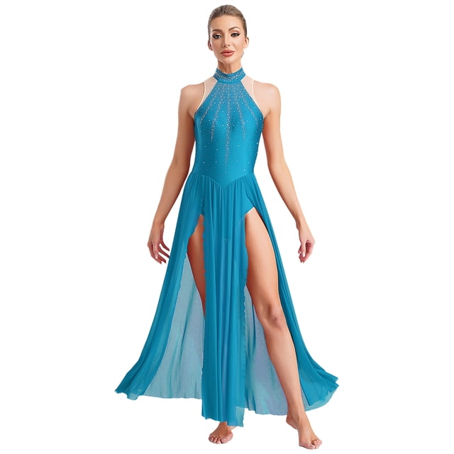 YUUMIN Costumes de Danse Lyrique pour Femmes Jupe Fluide Strass Robe Maxi Fendue Tenue de Danse Moderne Bleu Clair P