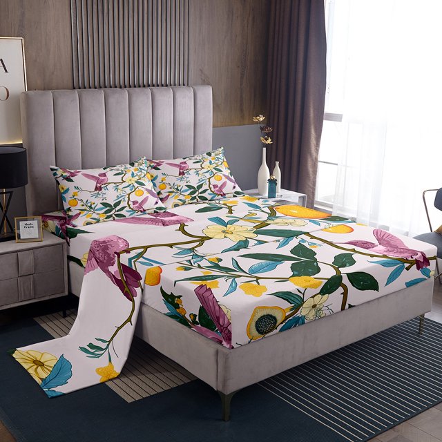 Erosebridal Pink Hummingbird Sheet Set Full, Tropical Fruit Flower Bedding Sets Full Size, Breathable 4 Pieces