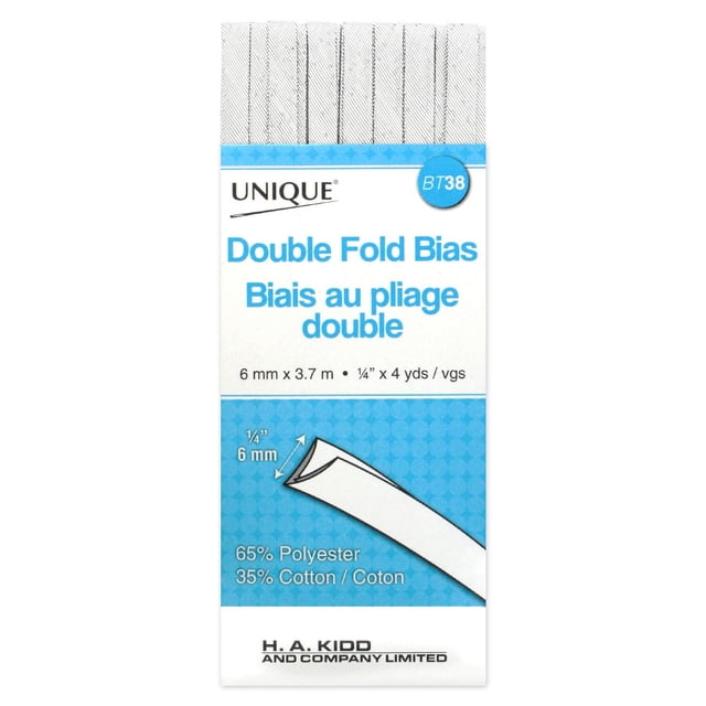 UNIQUE Double Fold Bias Tape, 6 mm x 3.7 m, white polycotton blend with 65% polyester and 35% cotton, folded lengthwise, packaged with blue and white label showing product details. Suitable for sewing notions and fabric binding in apparel and crafts.