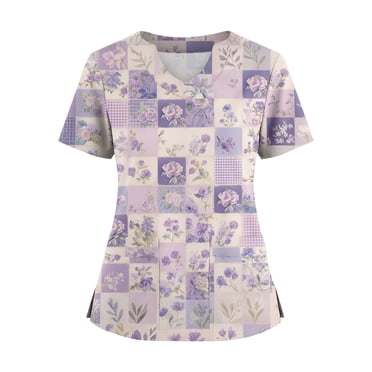 Ktyne Tuniques de Sarrau pour Femmes Col en V Sarraus Médicaux Manches Courtes Extensible Uniforme d'Infirmière Décontracté Tunique de Sarrau avec Poche Violet Pâle TTTG