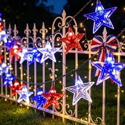 Solar Star String Lights for Outdoor Patio Garden Decor | Red White Blue Led Fairy Lights | Waterproof Independence Day Patriotic Holiday Lighting for Trees Fence Porch Yard Decoration