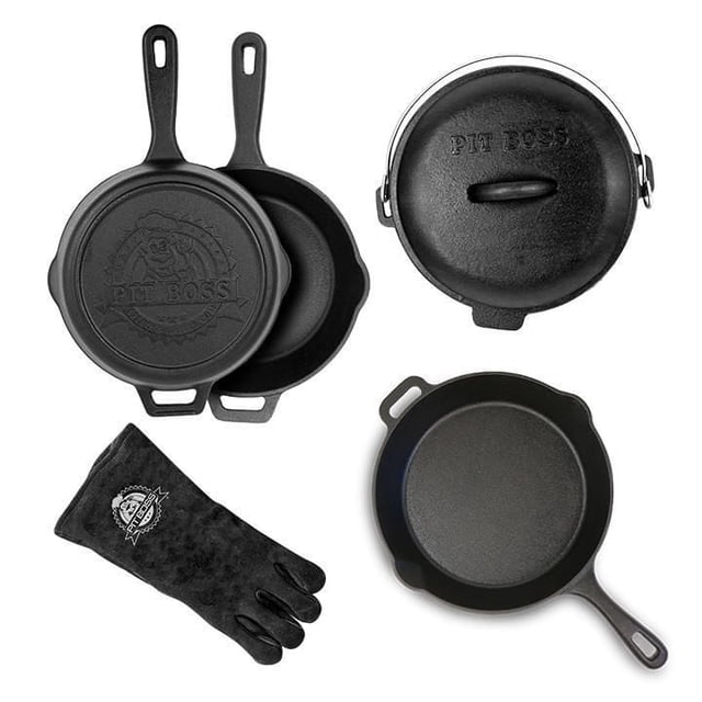 Pit Boss 6-Piece Pre-Seasoned Cast Iron Set with a 10-inch skillet featuring a long handle and helper grip, a 12-inch deep skillet with lid and dual pouring spouts, a 10-inch camp oven with lid and bail handle, and a heavy-duty leather glove, all in black cast iron ideal for kitchen or outdoor use.