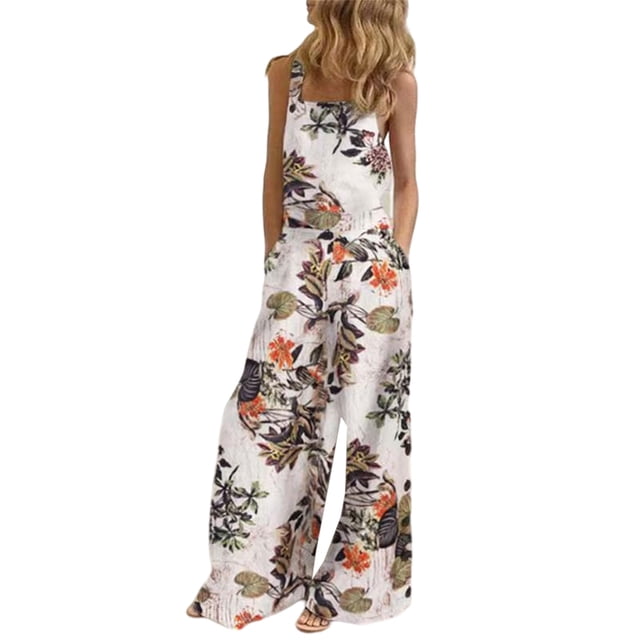 Innerwin Combinaison Longue Imprimée Florale pour Femmes Pantalon Large Été Sans Manches Ample une Pièce Blanc Jaune L