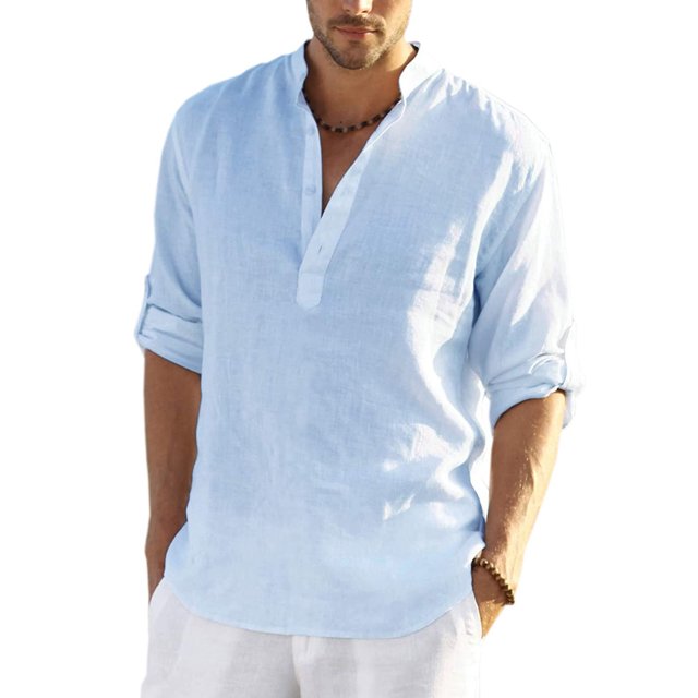 Wangsaura Men's Casual Shirt Solid Color Long Sleeve Stand Collar Button Tops
