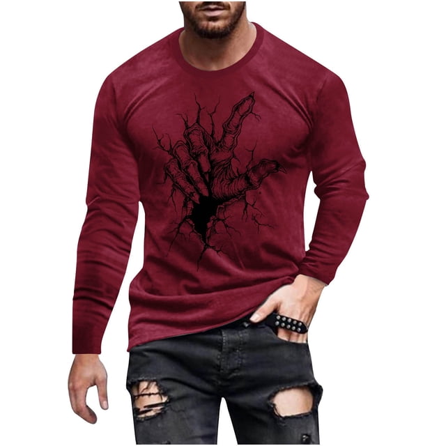 Vin Bourgogne Homme Entraînement Gym Vacances Heureuses Halloween Décontracté Course T-Shirts Manches Longues Tee Hauts pour Homme Col Rond Squelette Graphique Coupe Ample Automne Été Tee Shirt 2025 TG