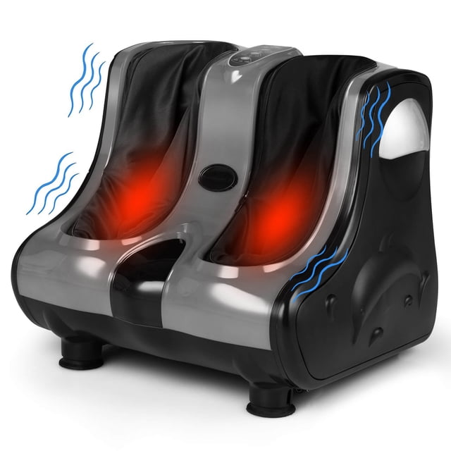Costway Foot & Calf Massager with Heat Vibration Deep Kneading Shiatsu Foot Massage Machine in grey. Offers rolling, kneading, and pressing massage functions to improve blood circulation and relieve leg pain. Features illuminated heating zones, vibration indicators, adjustable support bar, and control panel for intensity settings. Includes removable, washable foot sleeves and anti-slip footpads.