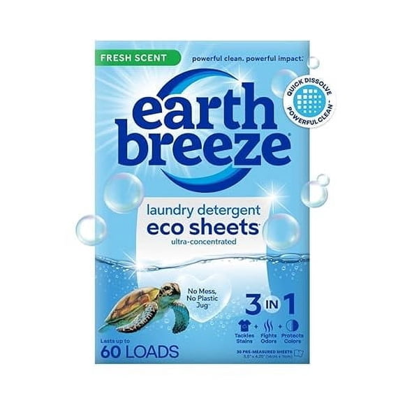 Earth Breeze Feuilles de Détergent à Lessive Parfum Frais - 60 Brassées Sans Pichet en Plastique Détergent à Lessive Concentré 30 Feuilles
