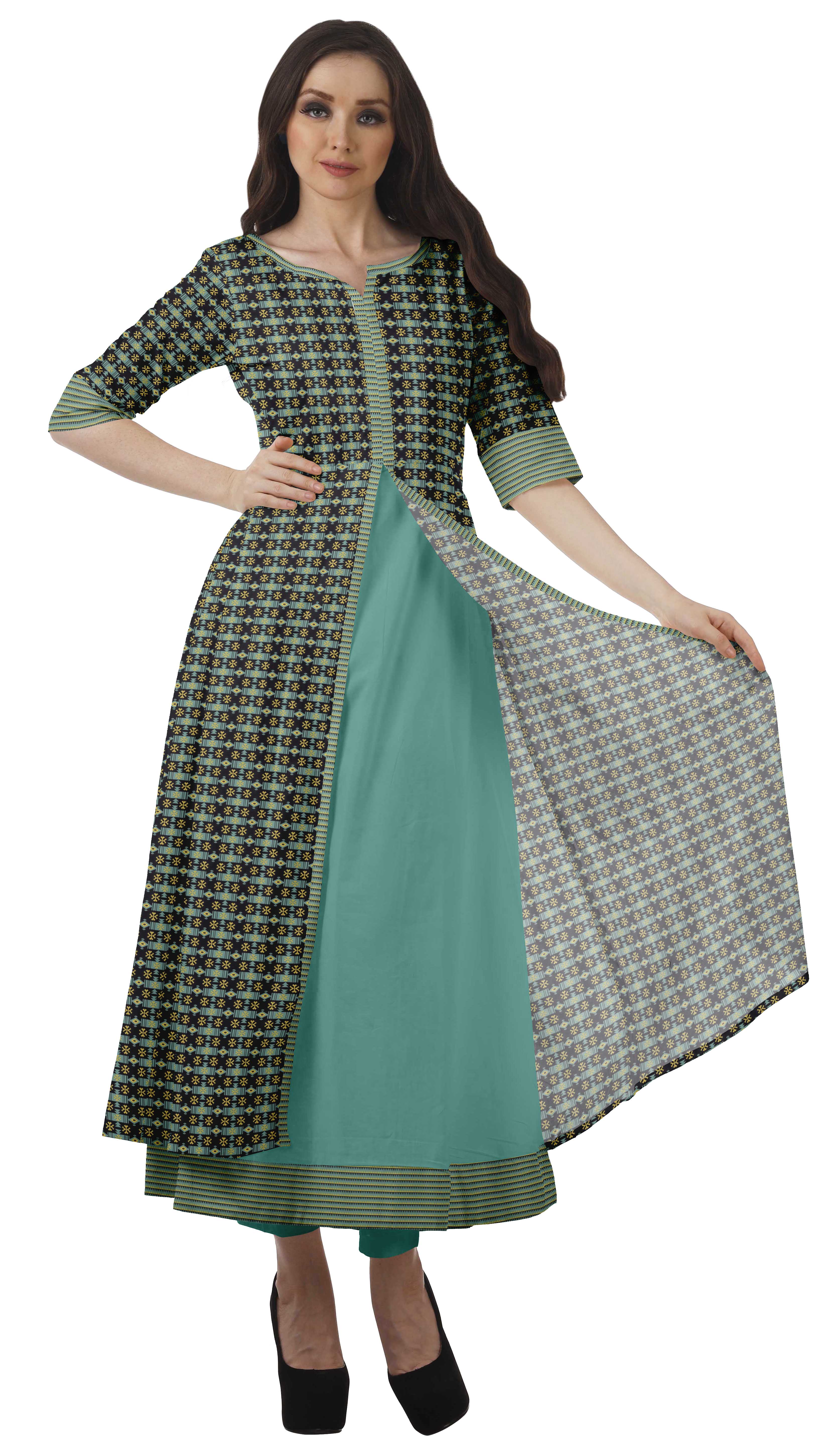 Moomaya Tunique Imprimée en Coton pour Femmes, Fente sur le Fron, Manches Courtes, Longue Kurta Kurti, Ensemble-3TG