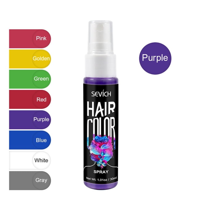 30ml Temporary Hair Color Spray Timesave DIY Hair Color Spray for men and women, shown in a purple shade. The spray bottle features a sleek design with a white cap and a black label displaying vibrant hair graphics. Additional color options, including pink, golden, green, red, blue, white, and gray, are displayed on the left side of the image.