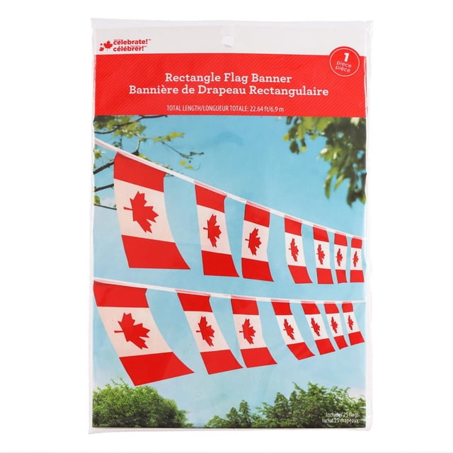 Way to Celebrate 22.64 Feet Rectangle Canada Pennant Flags Banner with 25 small rectangular Canadian flags featuring red maple leaf on white and red stripes, connected by white satin ropes, ideal for indoor and outdoor party decorations, shown hanging against a blue sky with tree branches.