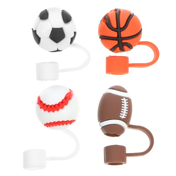 KAKOWELY 4pcs Sports Party Straw Caps Decorative Ball Game Pattern Straw Plugs Reusable Straw End Covers,1.38"X1.38"X0.04"