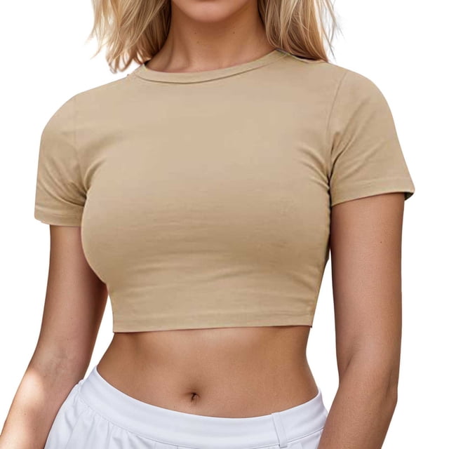 Women's Casual Crew Neck Short Sleeve Crop Top Soft Basic Tee for Everyday Spring Summer Wear