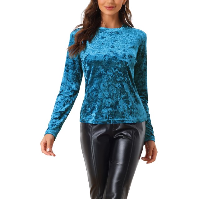 INSPIRE CHIC T-Shirts en Velours pour Femmes Col Rond Manches Longues Décontracté TP Bleu