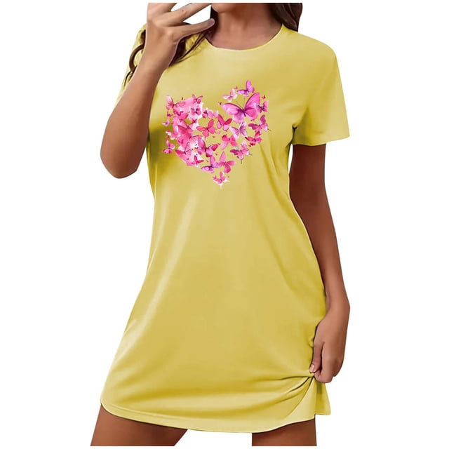 Mrat Chemises de Nuit pour Femmes Chemise de Nuit Courte Surdimensionnée pour Femmes Mode Imprimé sur la Poitrine Robe de Nuit à Manches Courtes P-87 Jaune TTG