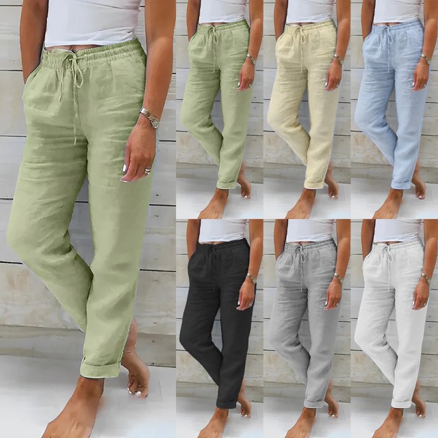 Womens Casual Pants High Waisted Wide Leg Solid Color Linen Joggers Slacks for Women Grey S