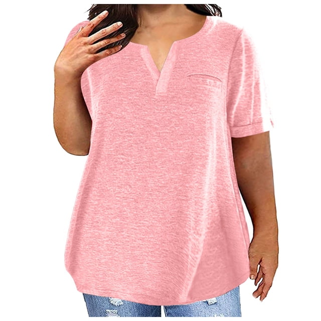 Ladies Top V Neck Fashion Solid Color Short Sleeve Pocket Loose T Shirt