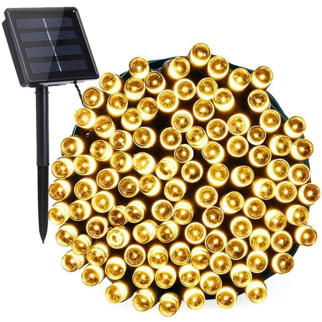 RKSTN Fall Decorations for Home Solar String Lights Outdoor, featuring 72 feet of 200 LED solar-powered lights. The image shows a close-up of the warm yellow LED bulbs arranged in a circular bundle, with a black solar panel and stake visible on the left. These lights offer 8 lighting modes, including combination, fireflies flash, and steady on, making them ideal for decorating gardens, patios, and parties. Designed for outdoor use, they are waterproof and powered by a high-efficiency solar panel for over 8 hours of operation after charging.