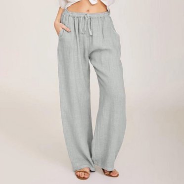 Qertyioot Womens Linen Pants High Waisted Wide Leg Drawstring Casual Loose Trousers with Pockets