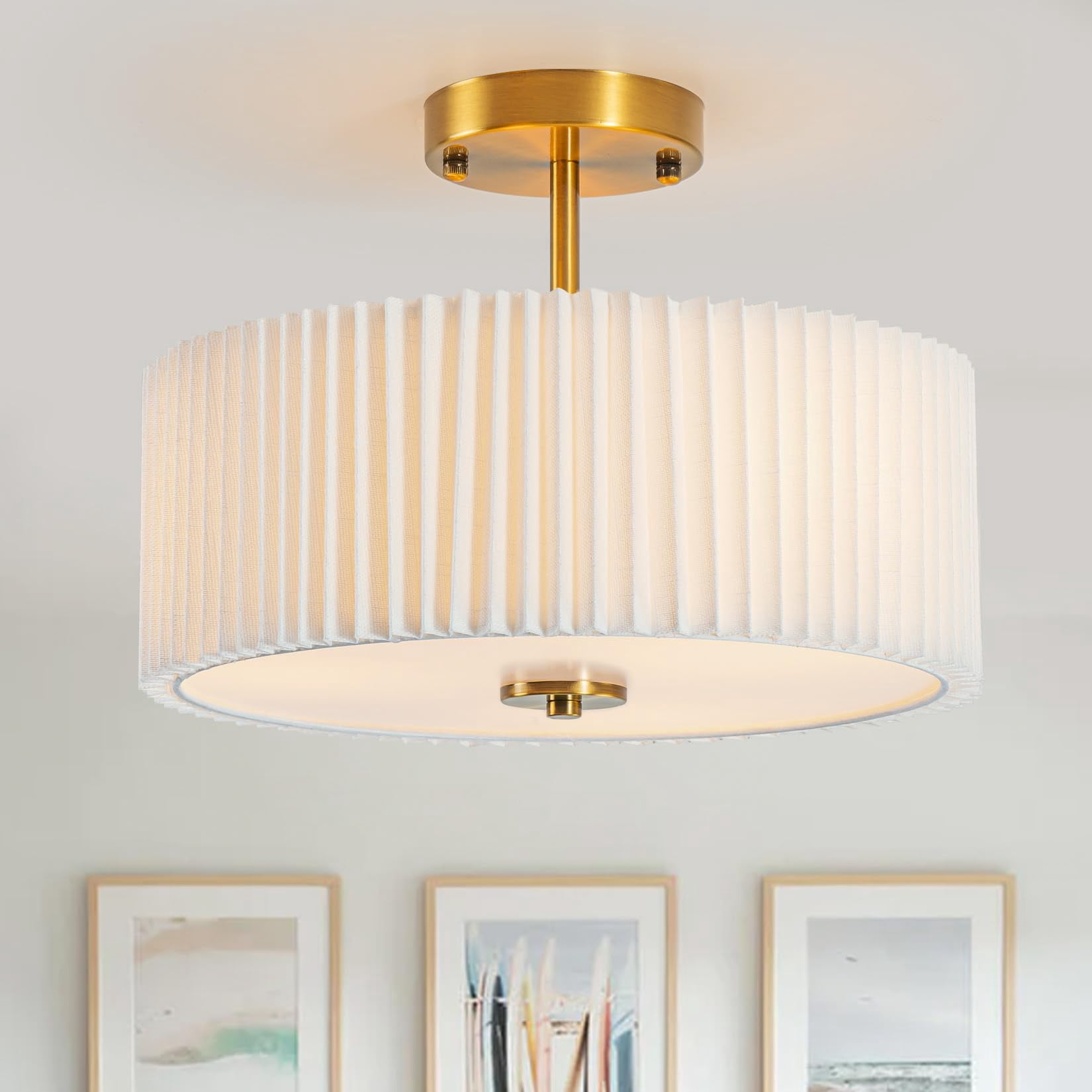 Bargeni Semi Flush Mount Ceiling Light Fixture,12.5 inch Drum Flush Mount Ceiling Light,Gold Light Fixtures Ceiling Mount,Cream W
