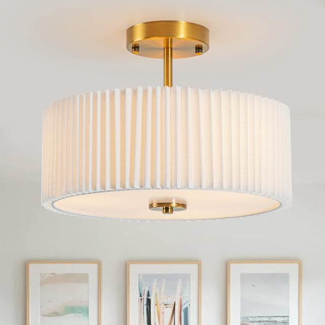 Bargeni Semi Flush Mount Ceiling Light Fixture,12.5 inch Drum Flush Mount Ceiling Light,Gold Light Fixtures Ceiling Mount,Cream W