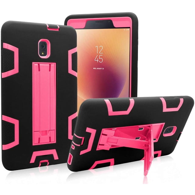 Mignova for Galaxy Tab A 8.0 SM-T380 case in black and pink, designed for Samsung Galaxy Tab A 8.0 2017 SM-T380 T385. Features hybrid shockproof protection, anti-impact drop resistance, and a built-in kickstand for hands-free use in landscape and portrait modes. Made of durable silicone and hard PC materials with precise cutouts for ports, camera, and buttons.
