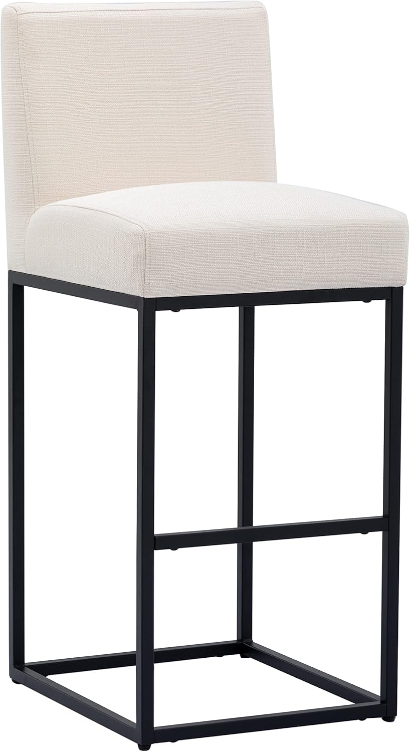31" Height Cream Fabric Bar Stool, Counter Height Stool with Back and Footrest for Kitchen Modern Metal Barstool, Linen Upholstered Farmhouse Bar Chair Island Stool