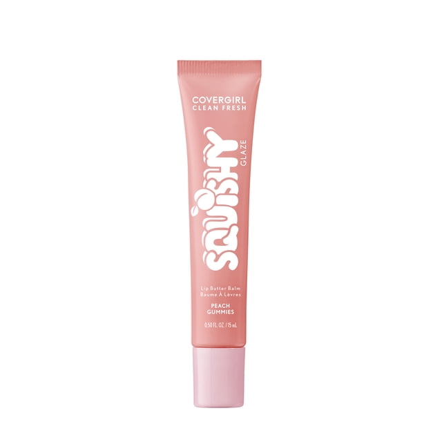 COVERGIRL Clean Fresh Squishy Glaze Lip Butter Balm in Peach Gummies, a 15ml soft pink tube with white text and a curved applicator, providing up to 9 hours of hydration with a nourishing buttery formula including essential fatty acids and shea butter for fuller, smooth lips, also suitable for adding a sheer tinted shine.