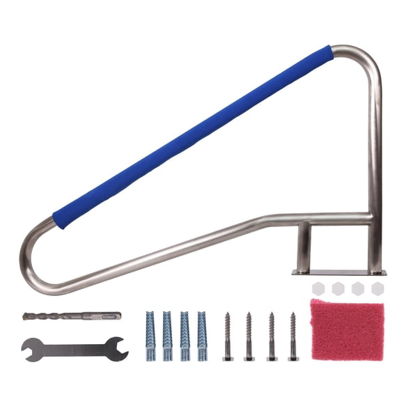 Stainless Steel Pool Handrail for Inground Pools, Heavy Duty 250LBS Load Capacity Pool Railing, 55" x 32" Silver Rail with Blue Grip Cover, Complete Mounting Accessories Included