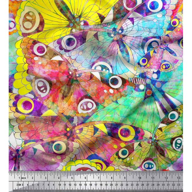 Soimoi Yellow Viscose Chiffon Fabric Colorful Butterfly Printed Fabric 1 Yard 42 Inch Wide