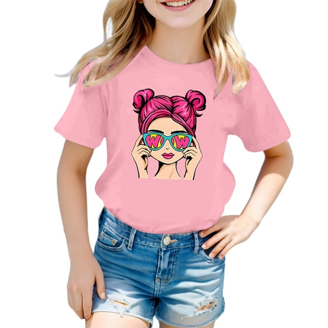 GDREDA Vêtements Fille Filles Mignon Imprimé Graphique Col Rond Manches Courtes Tee Été Décontracté T-Shirt Filles Hauts Tube Rose, 3-4 Ans