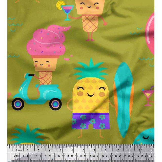 Soimoi Green Georgette Viscose Fabric Beech & Fun Party Print Fabric by the Yard 42 Inch Wide