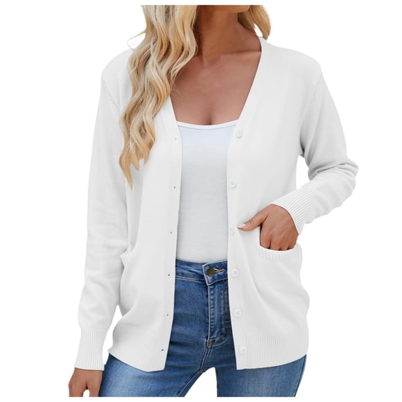 Aocisk Button Down Cardigan for Women Lightweight Sweaters Long Sleeve Classic V Neck Knit Soft with Pocket for Casual White M