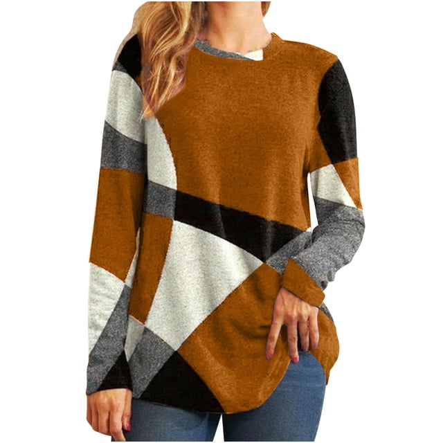 IROINID Liquidation Hauts pour Femmes Grande Taille Détente Col Rond Manches Longues Chemise Ample Imprimée Blouse Hauts, Orange