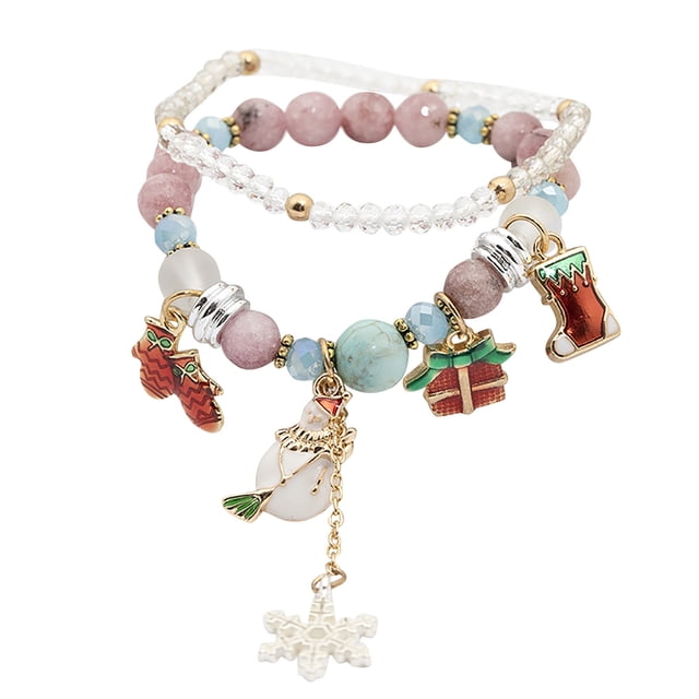 Christmas Gift Bell Snowman Double Elastic Bracelet Christmas Tree Santa Gift Hand String Beads