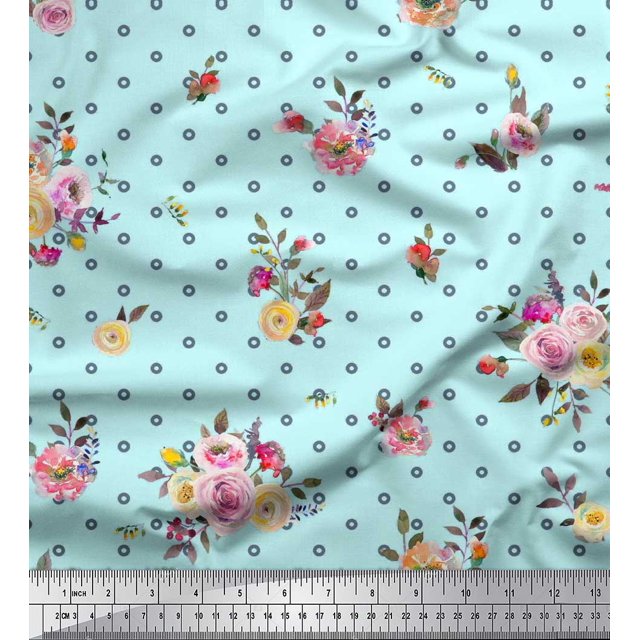 Soimoi Green Poly Georgette Fabric Leaves,Small Circle & Floral Printed Fabric 1 Yard 52 Inch Wide