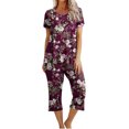 thumbnail image 1 of Mikilon Pyjama Décontracté pour Femmes, Ensemble de Sommeil, Imprimé Vintage, Manches Courtes, Pantalon Capri, 2 Pcs, Col Rond, Tenue de Détente Décontractée avec Poches, Ensemble 2 Pcs, Bourgogne, TG, 1 of 8