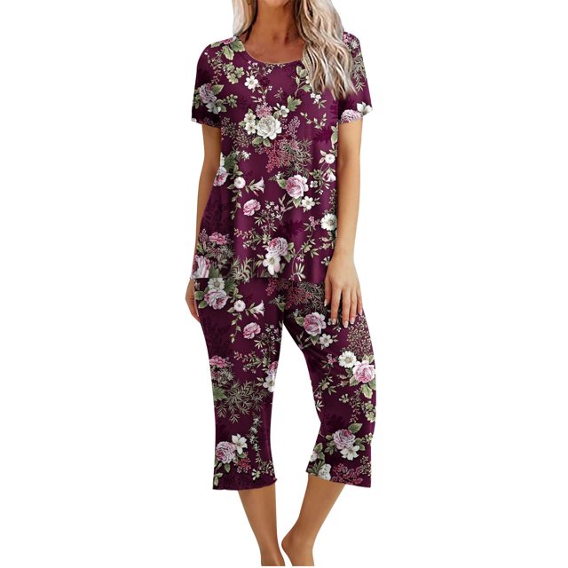 Mikilon Pyjama Décontracté pour Femmes, Ensemble de Sommeil, Imprimé Vintage, Manches Courtes, Pantalon Capri, 2 Pcs, Col Rond, Tenue de Détente Décontractée avec Poches, Ensemble 2 Pcs, Bourgogne, TG