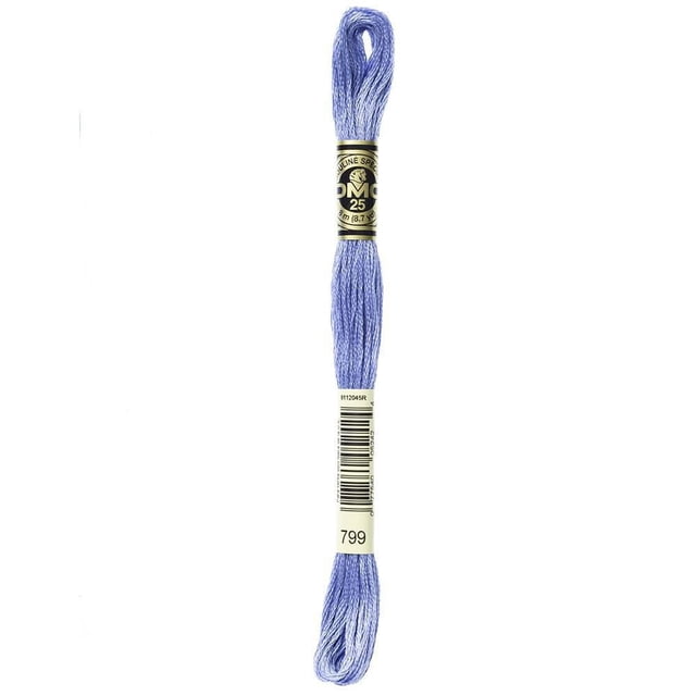 DMC Blue Cotton 6 Strand Floss 8m in light blue, made from 100% long staple Egyptian cotton with double mercerized sheen, wrapped with two paper bands showing the DMC logo, product number 799, and barcode. Ideal for cross-stitch, embroidery, needlepoint, and scrapbooking.