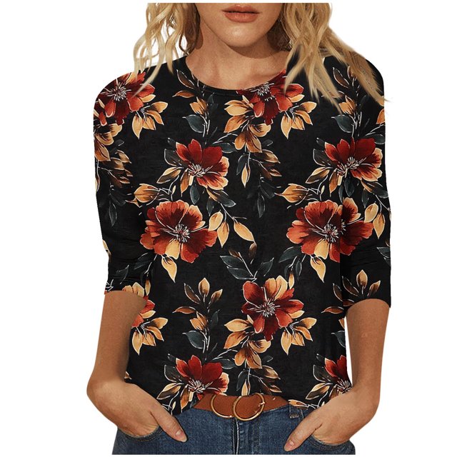 UPPADA Blouses pour Femmes Grande Taille à Manches 3/4, T-Shirts à Imprimé Floral Teintable, Chemises Décontractées Tendance à Col Rond, Chandails Confortables à Enfiler, Hauts Blouses Mignons d'Été, Hauts à Manches 3/4 pour Femmes, Aubaines